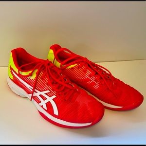 EUC ASICS neon Pink Yellow Solution Speed FF size 6.5